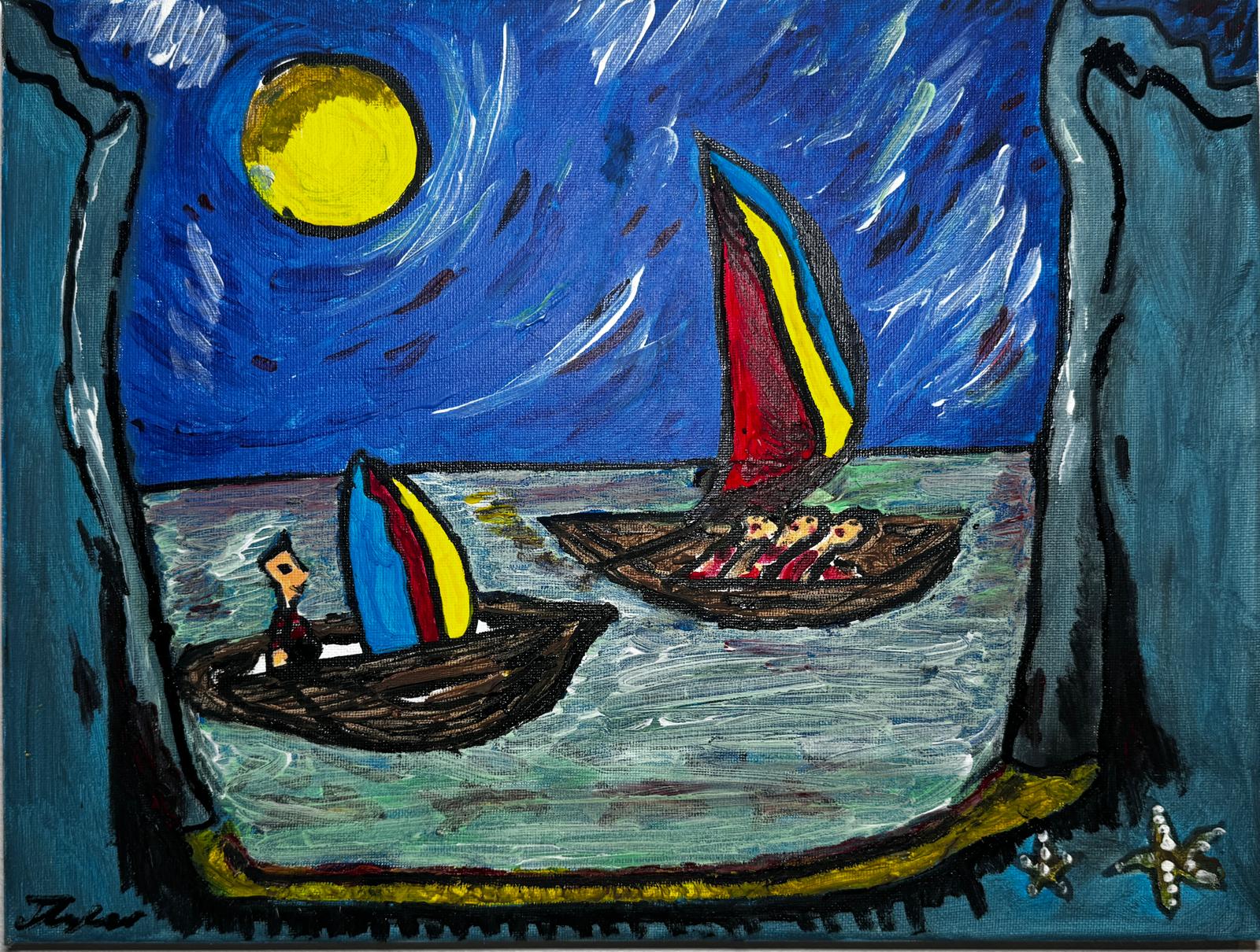 Harbour Under Moonlight - Original painting capturing nocturnal coastal atmosphere